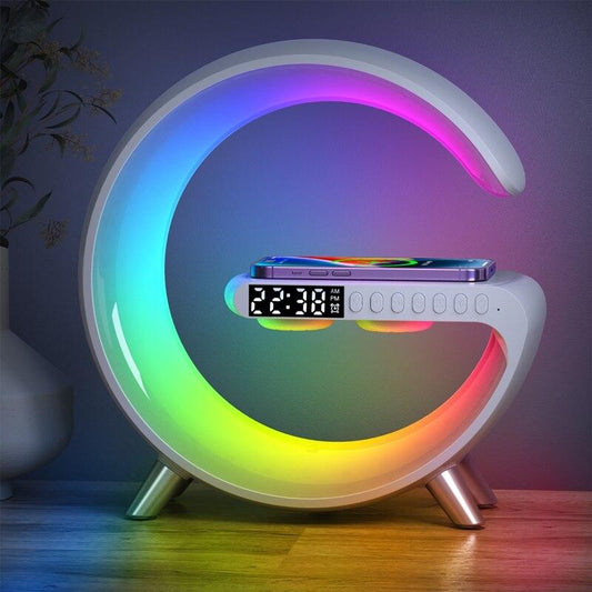 Lampa LED Birou RGB cu incarcare Wireless, Bluetooth, Ceas, Alarma si USB